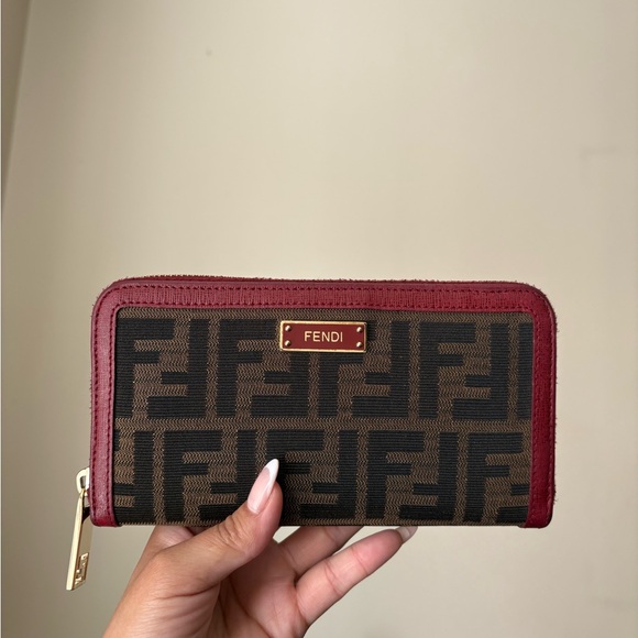 Fendi Zucca Red/Burgundy and Brown Logo Zip Wallet - Picture 1 of 11